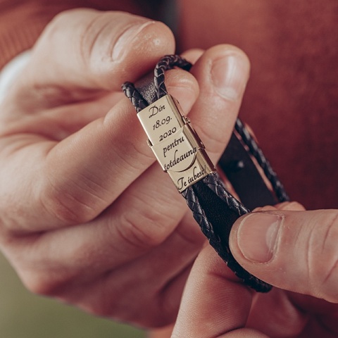 Brățară Bărbați Piele cu Cruce Aur 14K Personalizată – Model Unic M - Img 2