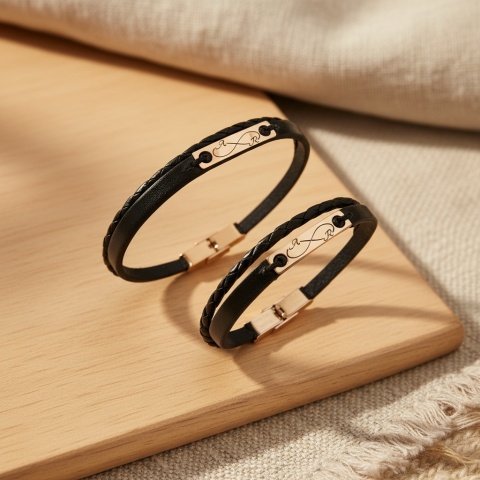 Set Brățări Cuplu Piele cu Plăcuță Aur 14K Personalizată (Multisir 8mm)