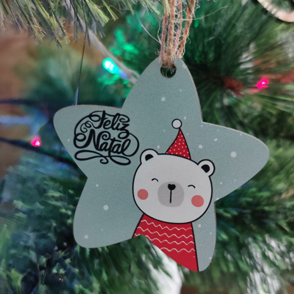 Estrela Colorida para árvore de Natal - Urso Feliz Natal