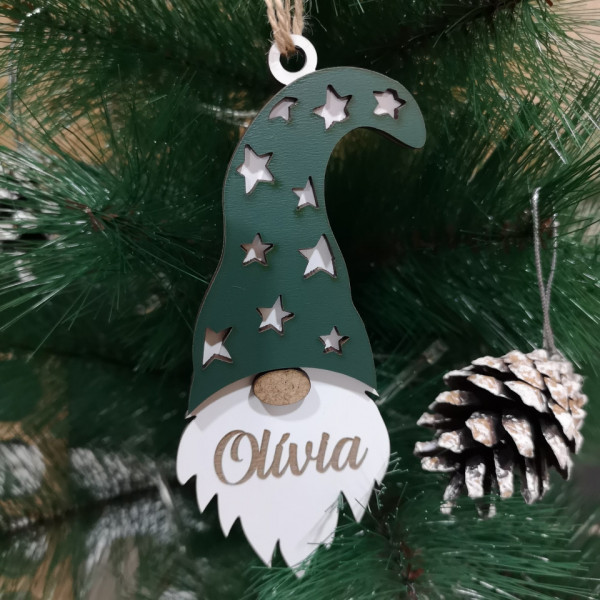 Ornamento para árvore de Natal - Gnomo Verde- Com nome personalizado