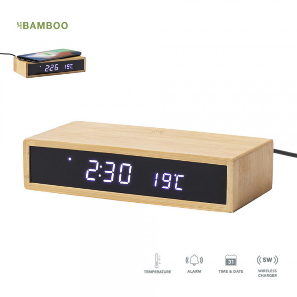 Relógio despertador com carregador sem fios - Bambu