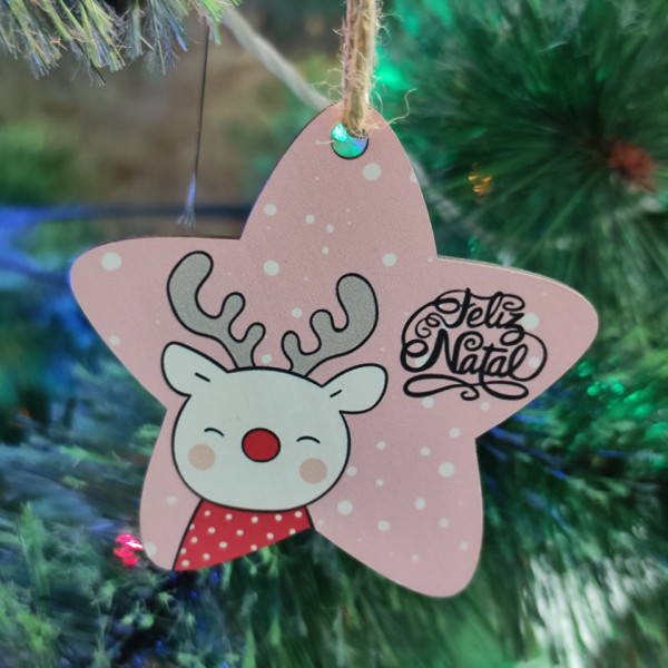 Estrela Colorida para árvore de Natal - Rena Feliz Natal