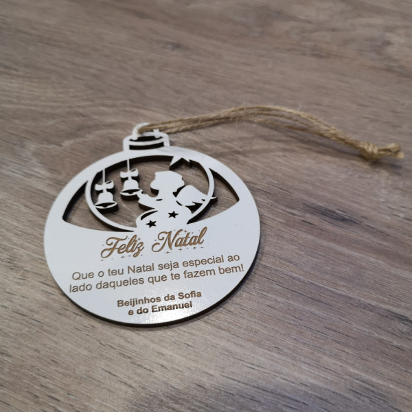 Ornamento / "bola" para árvore de Natal com frase - Anjinho com sinos