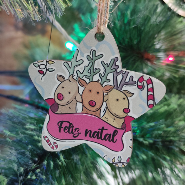Estrela Colorida para árvore de Natal - Renas Feliz Natal