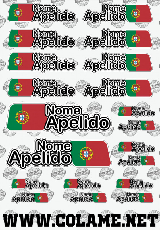 Folha / Pack de Autocolantes - Bandeira + Nome + Apelido