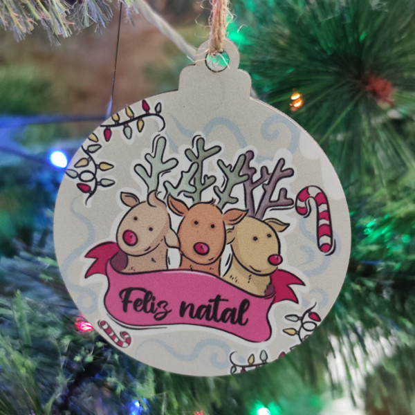 Bola Colorida para árvore de Natal - Renas Feliz Natal