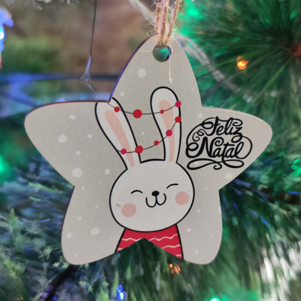 Estrela Colorida para árvore de Natal - Coelho Feliz Natal