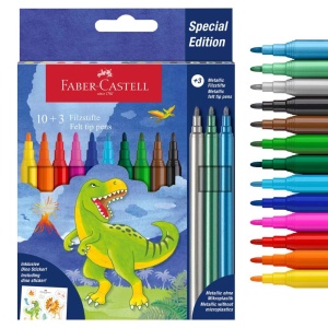 Set de carioci Faber-Castell Dino cu 13 culori, inclusiv 3 metalizate, design cu dinozauri și autocolante tematice, ideal pentru desen, colorat și activități creative pentru copii.