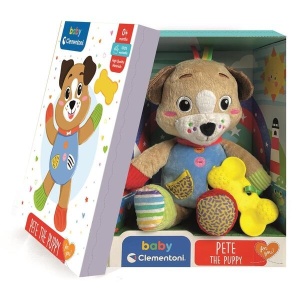 Cățeluș de pluș moale și colorat, ambalat într-o cutie decorativă ilustrată, prevăzut cu accesoriu pentru dentiție și elemente multisenzoriale pentru bebeluși.