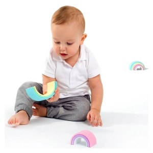 Dena Rainbow Pastel, curcubeu senzorial din silicon alimentar cu 6 piese în culori pastelate, pentru dentiție, stivuire și joacă creativă Montessori și Waldorf.