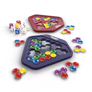 Joc Genius Gems cu două table în formă de diamant, piese colorate tip pietre prețioase cu două fețe și 9 zaruri speciale pentru provocări logice și strategice.