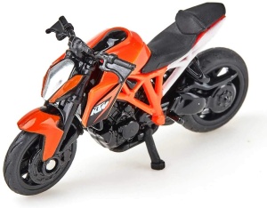 Machetă KTM 1290 Super Duke R SIKU 1384 cu design sportiv, finisaje detaliate și construcție din metal, inspirată de motocicleta originală de înaltă performanță.
