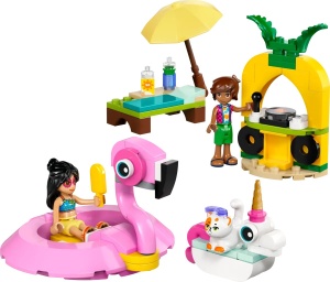 LEGO Friends 42658 cu colac flamingo, colac unicorn, Leo, Liann și motanul Churro pentru joacă imaginativă și aventuri la piscină.