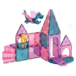 Set MAGNA-TILES Castle – construcție magnetică cu 25 de piese: dragon, prințesă, pod mobil, balcon, scară spiralată și piese cu sclipici.