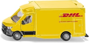 Machetă Mercedes-Benz Sprinter DHL SIKU 1920 în culorile galben și roșu specifice DHL, cu acoperiș detașabil, uși funcționale și caroserie metalică detaliată.