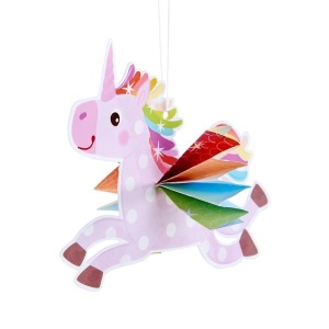 Set creativ Origami cu Unicorni HABA pentru copii, cu materiale pentru realizarea a 6 unicorni zburători și instrucțiuni ilustrate.