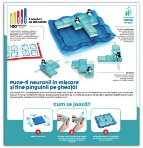 Joc Penguins on Ice SmartGames cu tablă de joc, cinci piese de gheață transformabile și pinguini colorați.