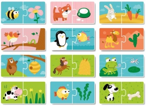 Puzzle Duo Dodo cu 24 de piese pentru asocierea animalelor cu hrana preferată, ilustrat cu imagini colorate și piese mari din carton rezistent.