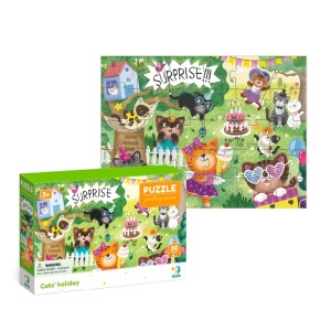 Puzzle Dodo Petrecerea Pisicuțelor cu 30 de piese, ilustrând o petrecere veselă cu pisicuțe, tort aniversar și decorațiuni colorate din seria Fantasy.