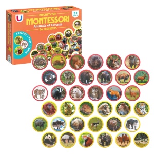 Set magnetic Montessori cu 36 animale din Eurasia ilustrate realist, ideal pentru dezvoltarea vocabularului, logicii și cunoașterii naturii.