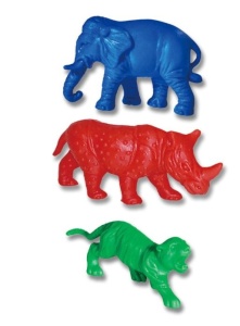 Set Edx Education cu 120 de figurine colorate reprezentând animale sălbatice precum elefanți, lei, girafe, rinoceri și tigri, utilizate pentru activități de sortare și numărare.