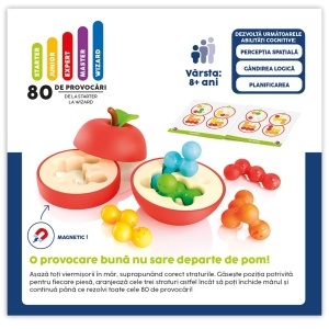 Puzzle logic Smart Games Apple Puzzler în formă de măr tridimensional, cu piese colorate în formă de viermi și provocări de logică pentru copii și adulți.