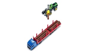 Model miniatural SIKU 1659 transportor de bușteni, realizat predominant din metal, cu detalii inspirate de vehiculele forestiere utilizate pentru transportul lemnului.