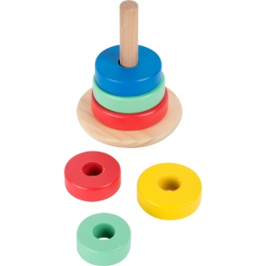 Turn de stivuire din lemn FSC® 100% cu piese colorate pentru sortare și construcție, ideal pentru dezvoltarea motricității și coordonării copiilor.