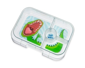 Yumbox Panino Jurassic Green – cutie de prânz bento verde cu tematică de dinozauri, 4 compartimente etanșe și tavă detașabilă, sigură pentru copii.