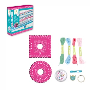 Set creativ Sycomore Kumihimo cu discuri de împletit, fire colorate din bumbac, mărgele cu litere și accesorii pentru 8 brățări de prietenie.