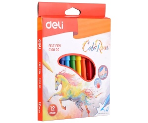 Set de carioci Deli cu 12 culori intense și cerneală lavabilă, într-un ambalaj atractiv cu unicorn, ideal pentru desen, colorat și dezvoltarea creativității copiilor.