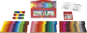 Set Faber-Castell Connector cu 60 de carioci colorate și 12 clipsuri de conectare, prezentate într-o cutie rezistentă pentru depozitare și transport.