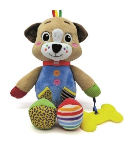 Cățeluș de pluș moale și colorat, ambalat într-o cutie decorativă ilustrată, prevăzut cu accesoriu pentru dentiție și elemente multisenzoriale pentru bebeluși.