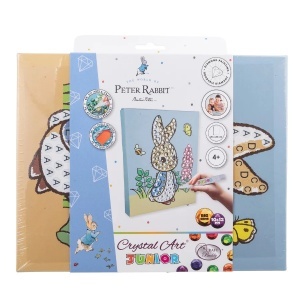 Kit Crystal Art Junior Big Peter Rabbit cu pânză adezivă preimprimată, cristale mari colorate, tavă de lucru și instrumente pentru realizarea unui tablou strălucitor de 20 x 25 cm.