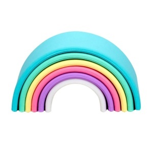 Dena Rainbow Pastel, curcubeu senzorial din silicon alimentar cu 6 piese în culori pastelate, pentru dentiție, stivuire și joacă creativă Montessori și Waldorf.