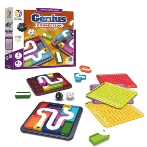 Joc Genius Connection de la Smart Games cu table de joc, piese puzzle colorate, zaruri și provocări strategice concepute pentru competiții rapide și dezvoltarea gândirii logice.