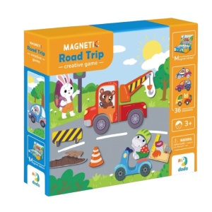 Joc magnetic DoDo Aventuri pe drum cu tablă magnetică, vehicule, semne de circulație și elemente rutiere pentru crearea propriilor trasee și povești.