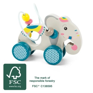 Jucărie de împins Small Foot în formă de elefant colorat, cu labirint de mărgele și roți stabile pentru dezvoltarea motricității și coordonării copiilor mici.