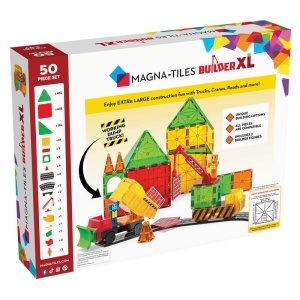 Set MAGNA-TILES Builder XL – 50 piese magnetice cu camioane, macarale, figurine și plăci XL pentru construcții mari.