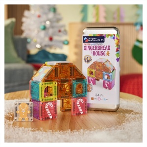 Set MAGNA-TILES microMAGS Gingerbread House cu 24 de piese magnetice colorate, ferestre, triunghiuri, elemente cu bomboane și personaj din turtă dulce.