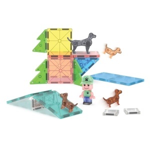 Set MAGNA-TILES Puppy Park – 27 piese magnetice cu 3 cățeluși și figurine. Parc pentru căței construit de copii, joacă educativă și creativă 3+ ani.
