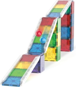 Set Magna-Tiles Rail Racers Deluxe cu 90 de piese, șine transparente, bile și elemente magnetice pentru construirea de piste, rampe și structuri STEM creative.