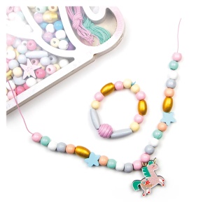 Cutie Sycomore în formă de unicorn cu 338 de mărgele din lemn în culori pastelate și aurii, pentru realizarea de brățări și coliere