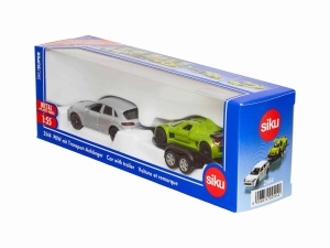 Mașină cu platformă SIKU 2544 – Porsche Macan, remorcă Böckmann și Gumpert Apollo, scara 1:55