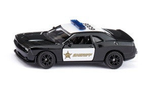 Model miniatural SIKU 1584 Dodge Challenger SRT County Sheriff, cu design inspirat de vehiculele șerifului american, uși care se deschid și detalii realiste din metal și plastic.