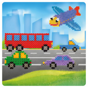 Set complet cu mărgele de călcat – starter kit pentru copii cu planșetă, modele și hârtie de călcat. Activitate creativă ușoară și distractivă. Vehicule, aeronave.