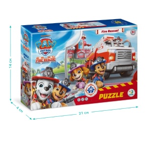 Puzzle Paw Patrol Fire Rescue cu 30 piese mari pentru copii, ilustrând personajele Skye și Chase într-o misiune de salvare la incendiu.
