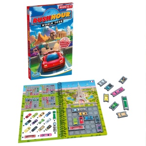 Joc magnetic Rush Hour World Tour ThinkFun, cu tablă compactă de puzzle, vehicule colorate magnetice și broșură cu 40 de provocări.