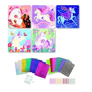Set creativ mozaic Unicorni Sycomore cu 1500 de piese autoadezive și 5 proiecte decorative pentru copii pasionați de activități creative.