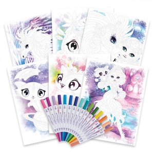 Set de colorat după numere Nebulous Stars – cu 36 pagini ilustrate și 15 markere colorate cu două vârfuri. Perfect pentru copii pasionați de desen.